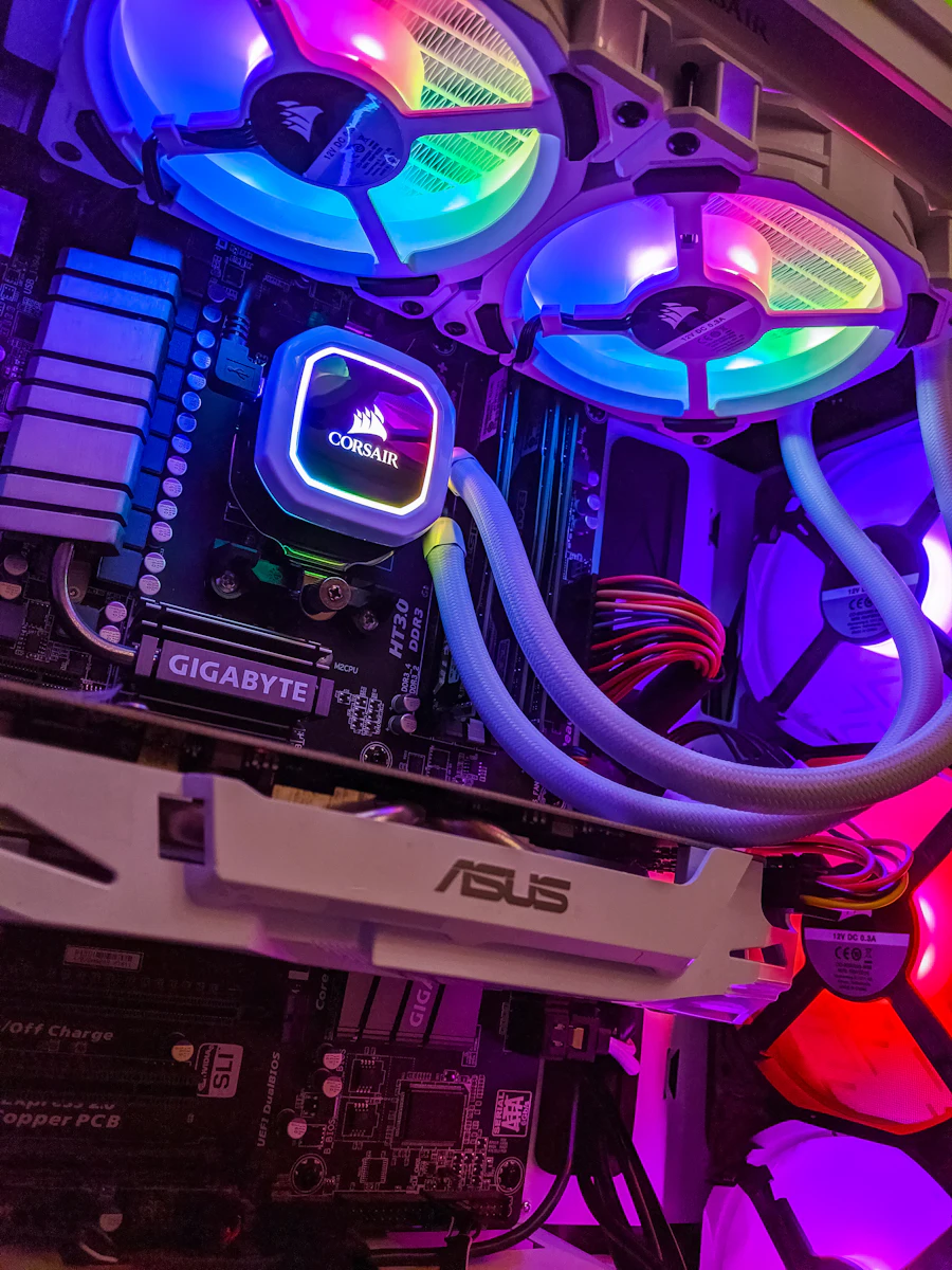 Inside a desktop computer with cooling fans and graphics card